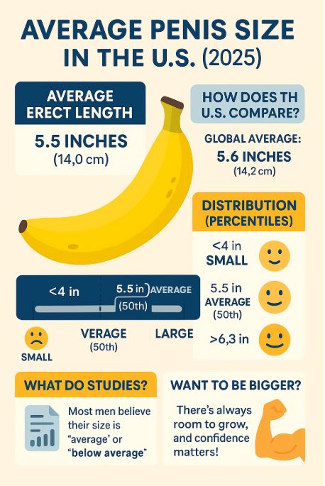 Infographic titled 'Average Penis Size in the U.S. (2025)' showing average length (5.5 inches), global comparison, size percentiles, and a motivational note on confidence, with a banana used as a playful visual metaphor.